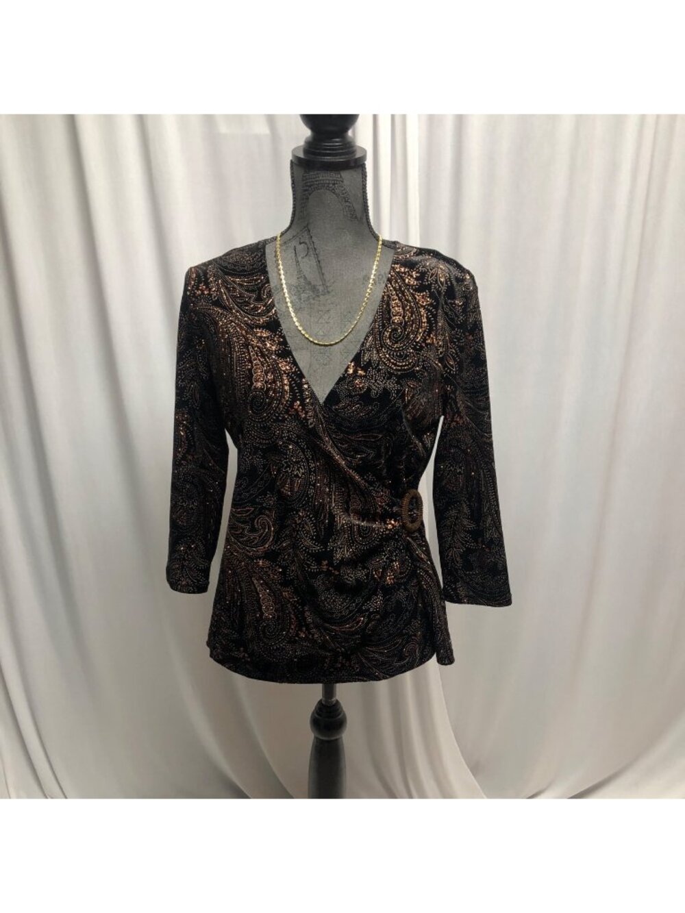Notations Sparkly Velvet Wrap Top Womens Size Medium Black Copper Paisley V Neck